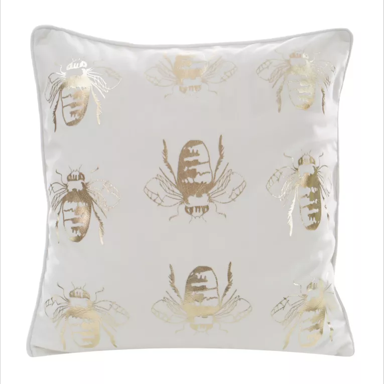 Poszewka na poduszkę 45x45 cm welwetowa, biało złocista z motywem pszczół BILNK