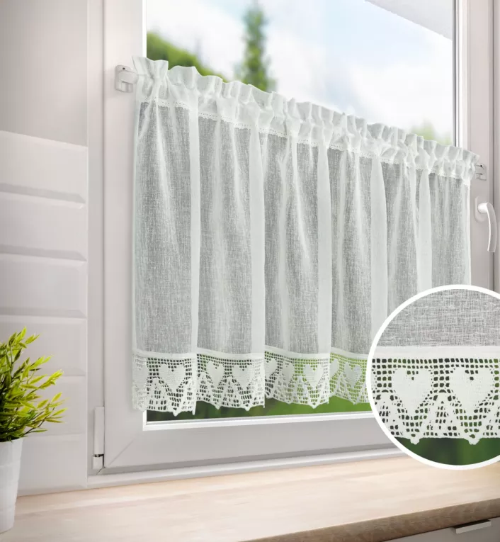 Zazdrostka kremowa z etaminy zdobionej szeroką koronką, styl rustykalny 150x60 cm tunel Doris