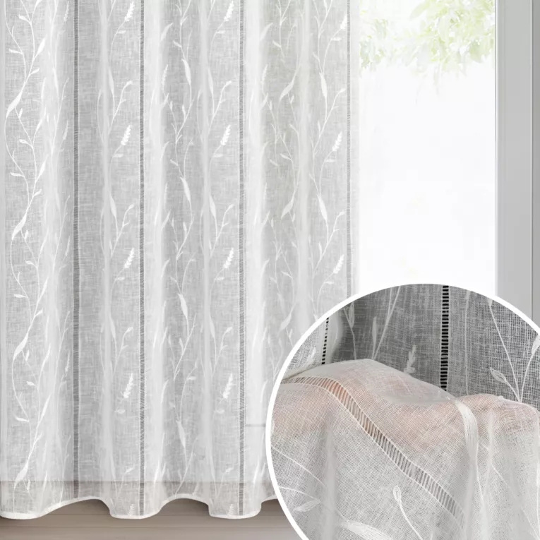 Firana biała z etaminy zdobiona ażurowymi paseczkami i haftem 140x250 cm przelotka - MELODY