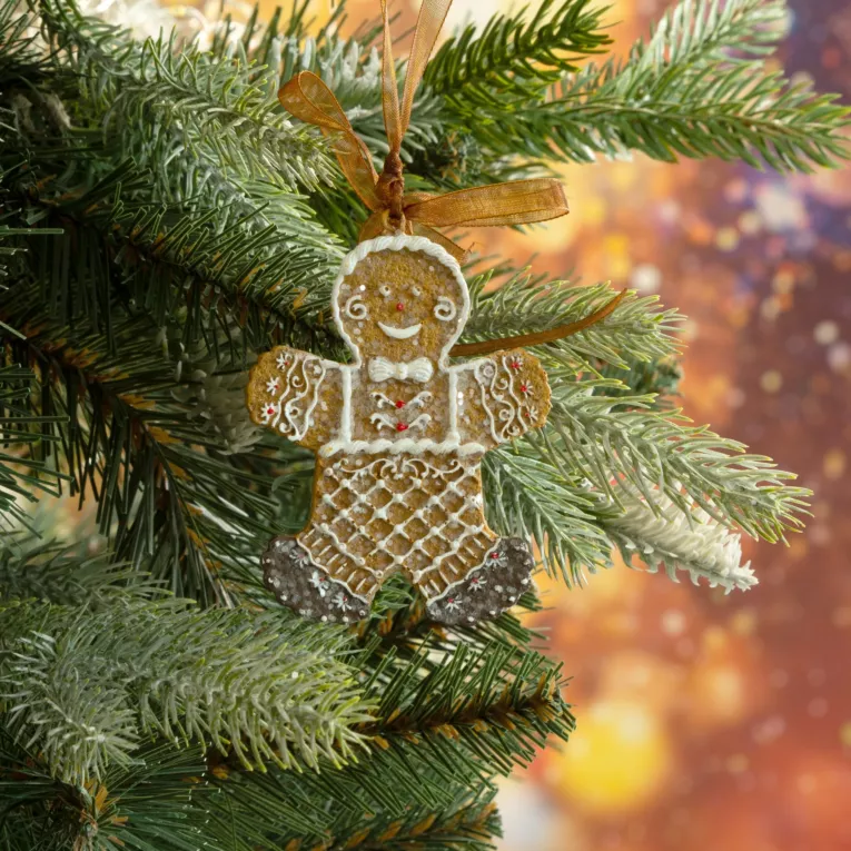 Ozdoba choinkowa LUDZIK Z PIERNIKA z dodatkiem delikatnego brokatu na dekoracyjnej wstążce