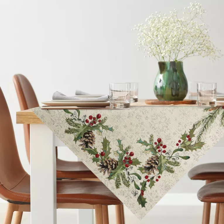 Obrus popielato, czerwony 100x100 cm gobelinowy utkany z miękkiej nici szenilowej zdobiony motywem świątecznym