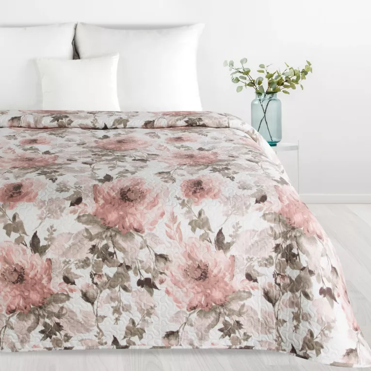 Narzuta biało, różowa 200x220 cm z nadrukiem malowanych pędzlem kwiatów FLOWER 1 Design 91