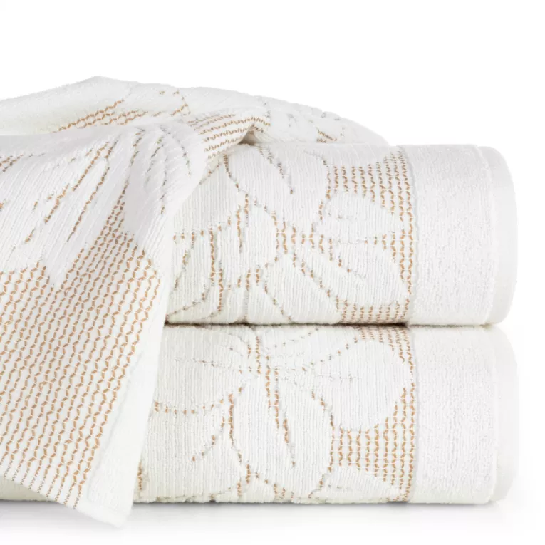 Ręcznik do rąk 30x50 cm bawełniany kolor kremowy z wytłaczaną bordiurą w kwiaty 500 g/m2 ROSE