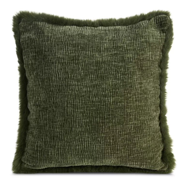Poszewka na poduszkę 45x45 cm oliwkowa szenilowa zdobiona futerkiem na brzegach BLANCA 01