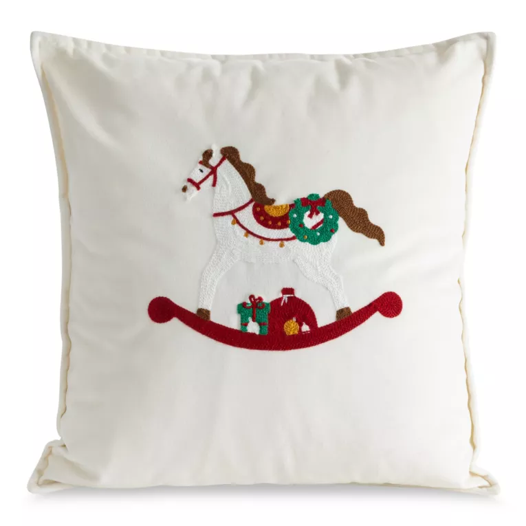 Poszewka na poduszkę 45x45 cm welwetowa kolor biały z haftem z konikiem na biegunach