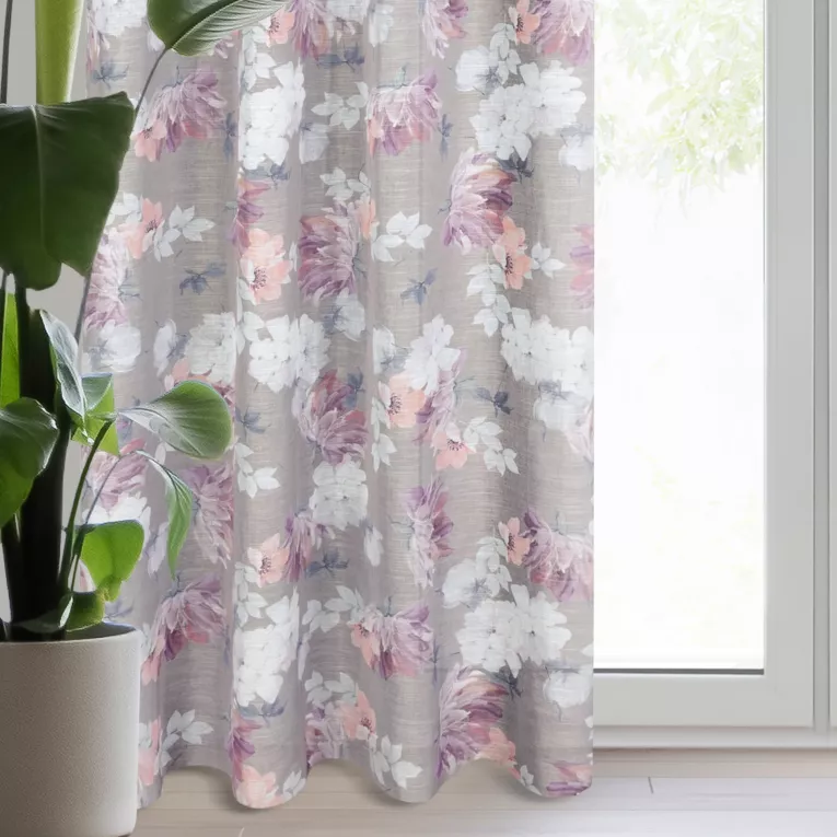 Zasłona srebrna w różowe kwiaty z etaminy 140x300 cm taśma - SHERRY