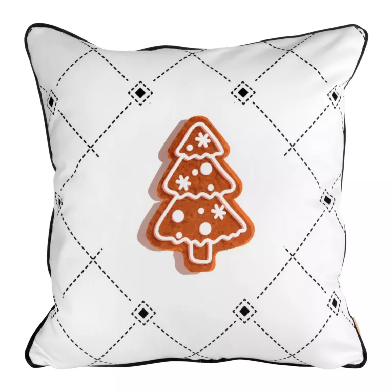 Poszewka na poduszkę 60x60 cm świąteczna z miękkiego welwetu biało brązowa z motywem piernikowej choinki JOY