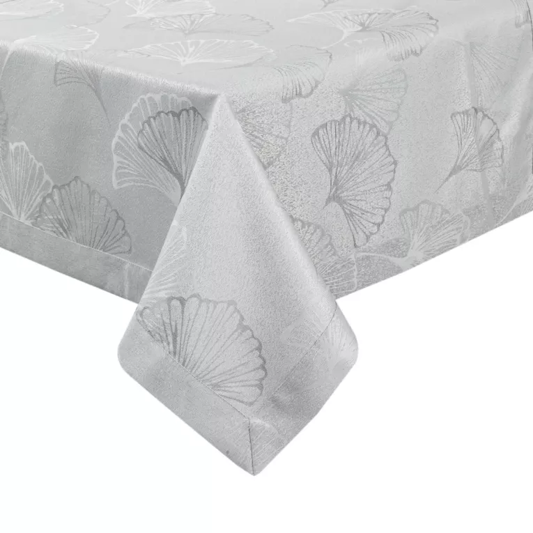 Obrus szary 145x350 cm DIANA zdobiony żakardowym wzorem liści miłorzębu i ozdobna kantą