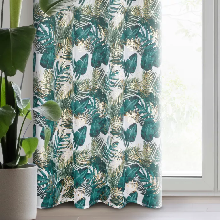 Dekoracja okienna biało, zielona z motywem botanicznym i błyszczącym nadrukiem 140x250 cm przelotka DAVOS