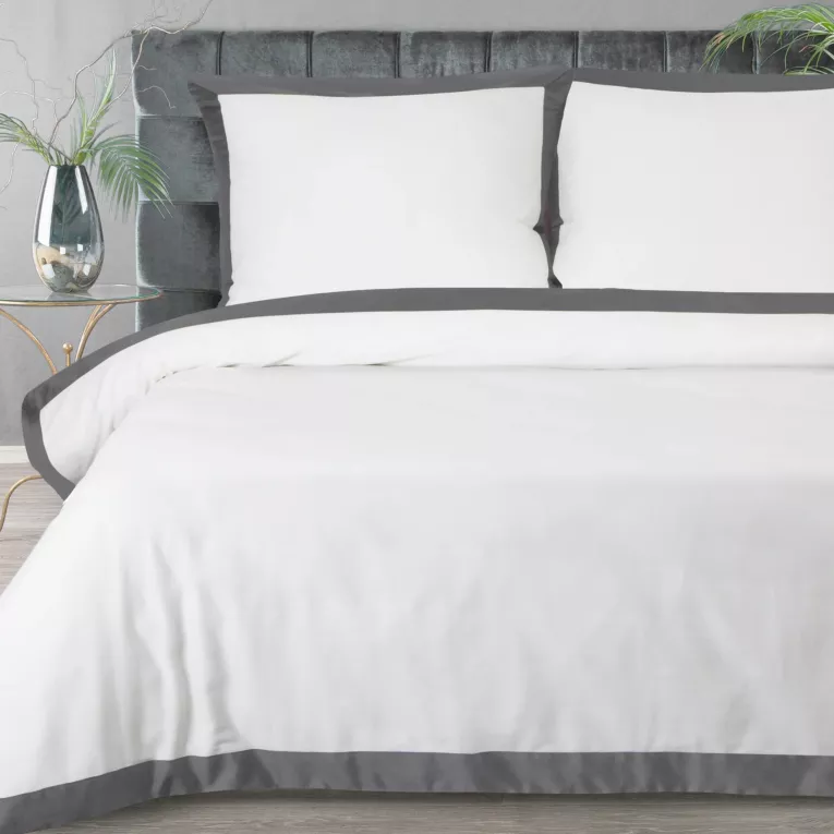 Pościel 220x200 cm z satyny bawełnianej kolor biały, popielaty z kontrastującym obszyciem LAURA
