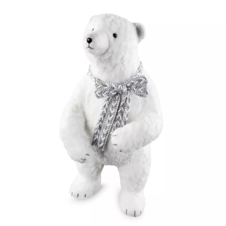 Duża figurka świąteczna dekoracyjna NIEDŹWIEDZ w plecionym szaliku z lśniącymi drobinkami