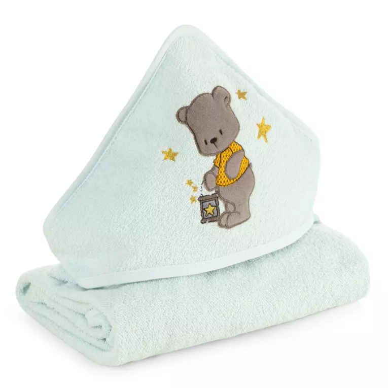 Ręcznik kąpielowy dziecięcy 100x100 cm bawełniany kolor jasnomiętowy z kapturem i haftem misia 350g/m2 BABY 62