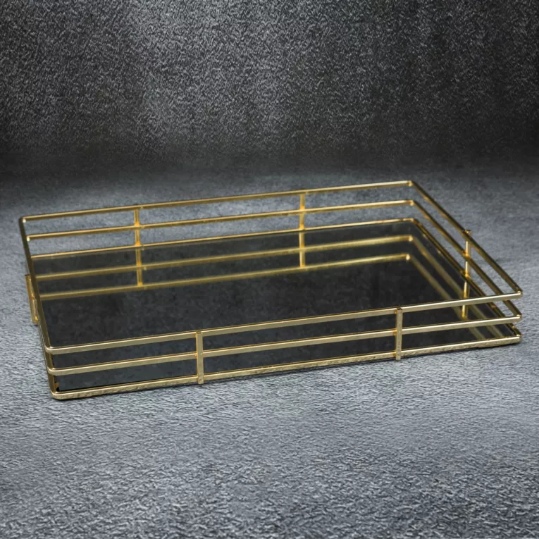 Taca dekoracyjna PATI 1 z lustrzanym blatem i metalowym obrzeżem w stylu art deco, złota