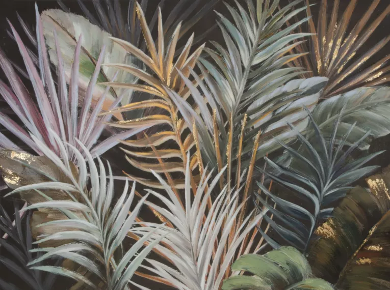 Obraz JUNGLE ręcznie malowany na płótnie egzotyczne liście ze złocistymi akcentami