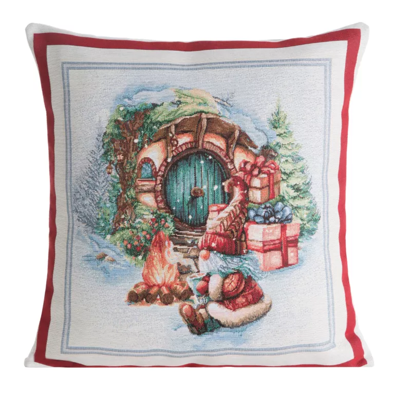 Poszewka na poduszkę 45x45 cm bawełniana, gobelinowa czerwono, naturalna z motywem świątecznym XMAS