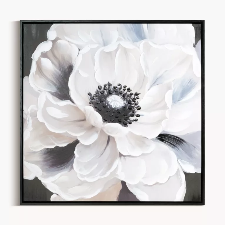 Obraz kremowo, czarny ręcznie malowany na płótnie kwiat 60x60 cm