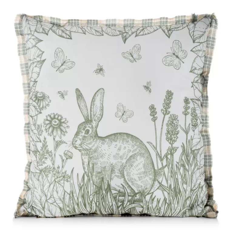 Poszewka na poduszkę 45x45 cm o strukturze lnu kremowo, zielona zdobiona nadrukiem zajączka WIOSNA 60