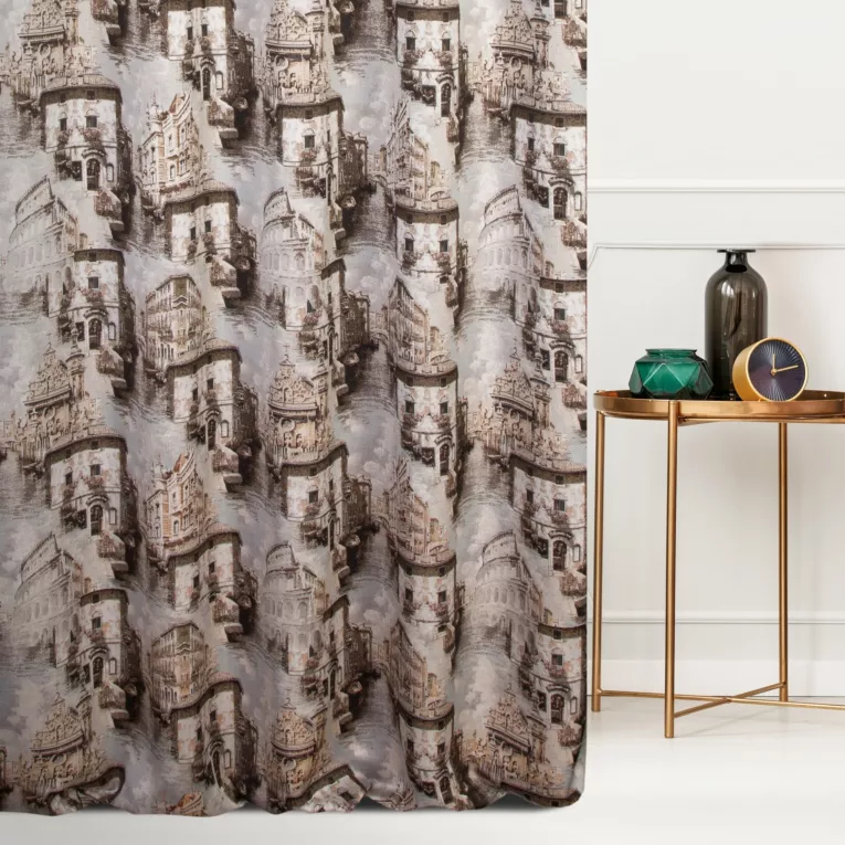 Zasłona szyta na taśmie 8 cm beżowo brązowa z tkaniny o fantazyjnym wzorze Italissima Eva Minge