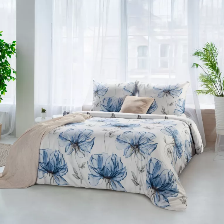Pościel 220x200 cm bawełniana kolor biały, niebieski z wzorem kwiatowym SPRING 34