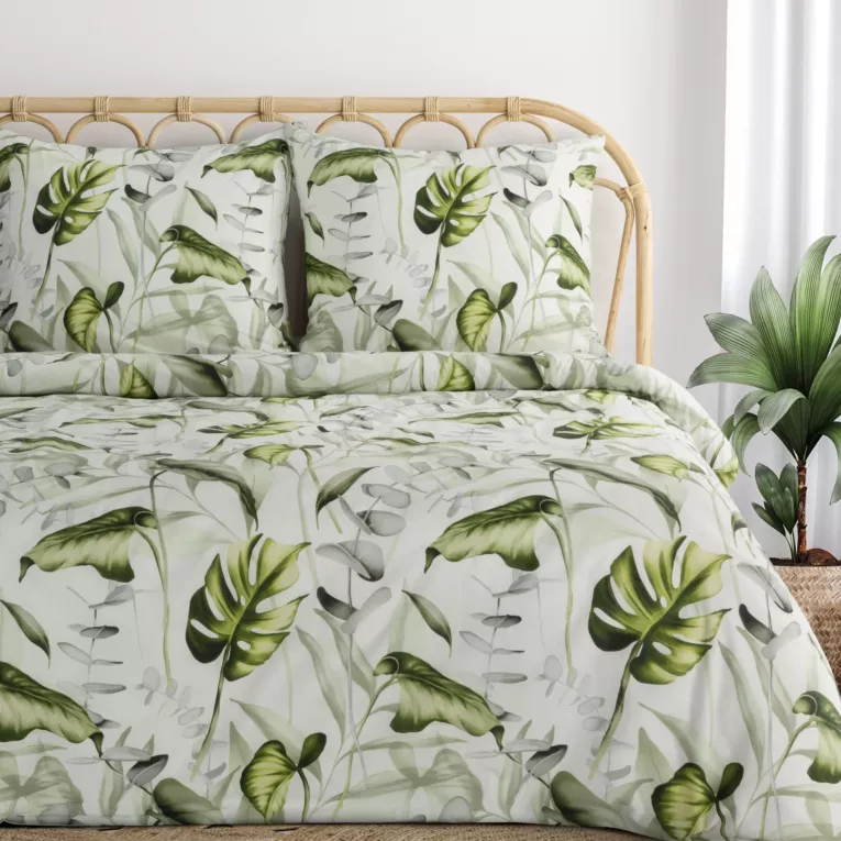 Pościel 160x200 cm bawełniana kolor biały, zielony z wzorem egzotycznych liści ELEN