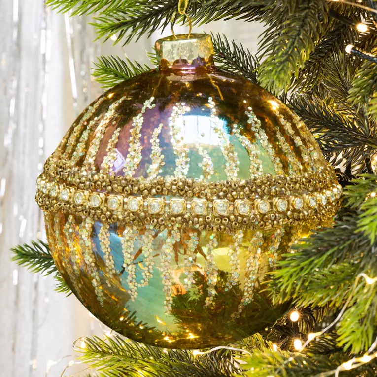 Bombka szklana ręcznie zdobiona brokatowym wzorem, kryształkami i drobnymi koralikami