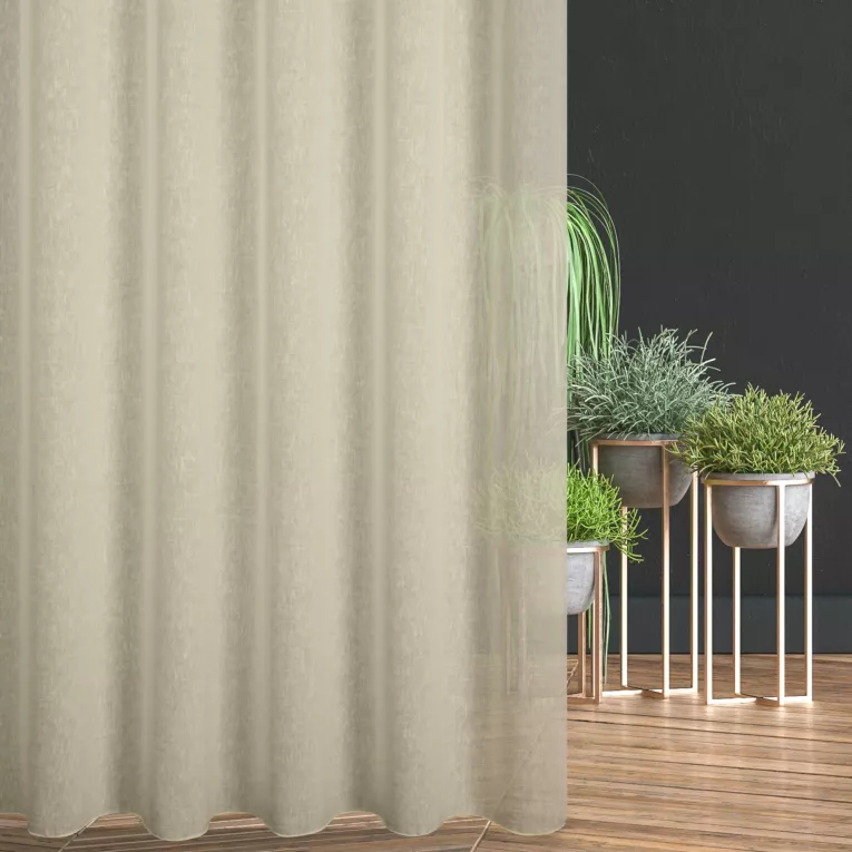 Firana szyta na taśmie fala kremowa z delikatnej w dotyku etaminy w stylu eko z efektem kreszowania, wykończona obciążnikiem