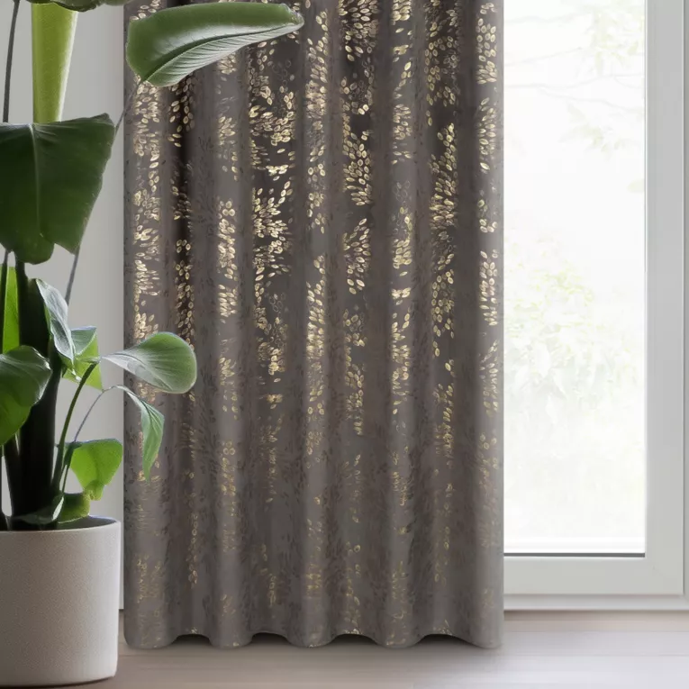 Zasłona welwetowa grafitowa zdobiona nadrukiem liści 140x270 cm taśma - FELIS