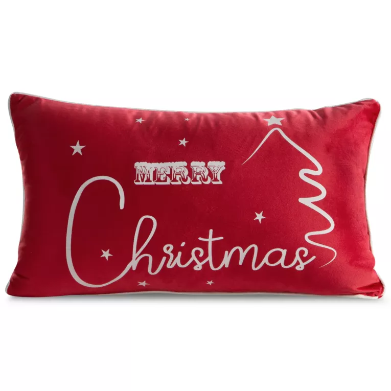 Poszewka na poduszkę 30x50 cm welwetowa, czerwono biała zdobiona nadrukiem świątecznym RUBI