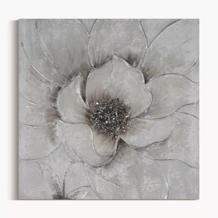 Obraz roślinny szaro, srebrzysty ręcznie malowany na płótnie kwiat z dodatkami cyrkonii 50x50 cm FLOWERY