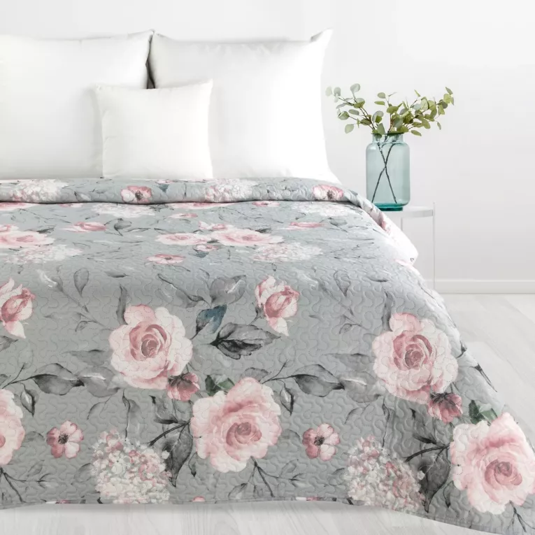 Narzuta srebrno, różowa 200x220 cm z nadrukiem malowanych pędzlem róż FLOWER 2 Design 91