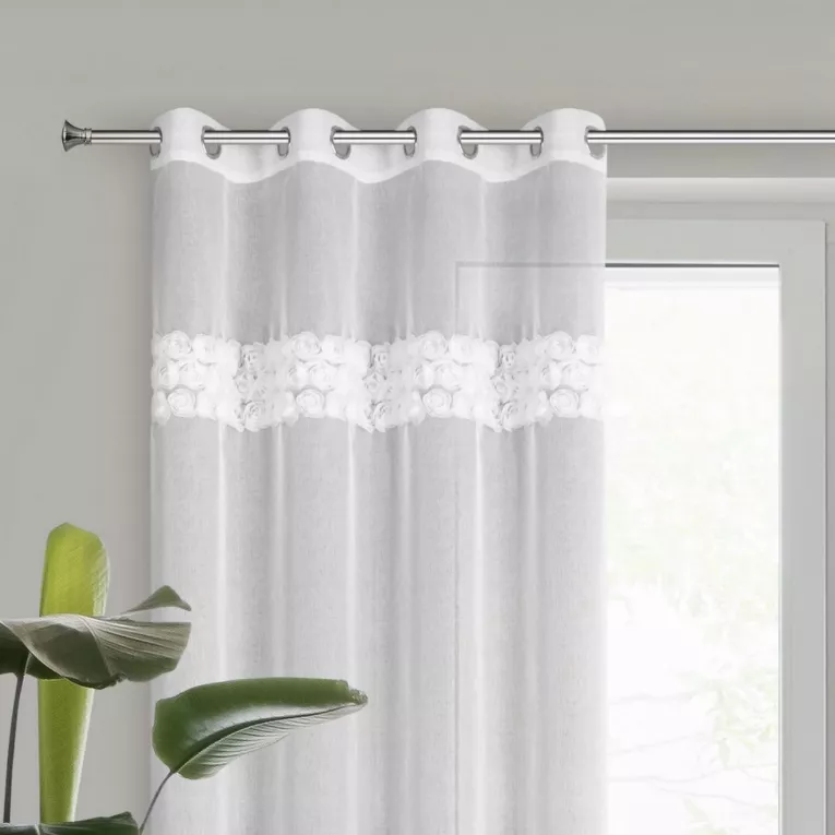 Firana biała zdobiona aplikacją w róże 140x250 cm przelotka ROSALIE