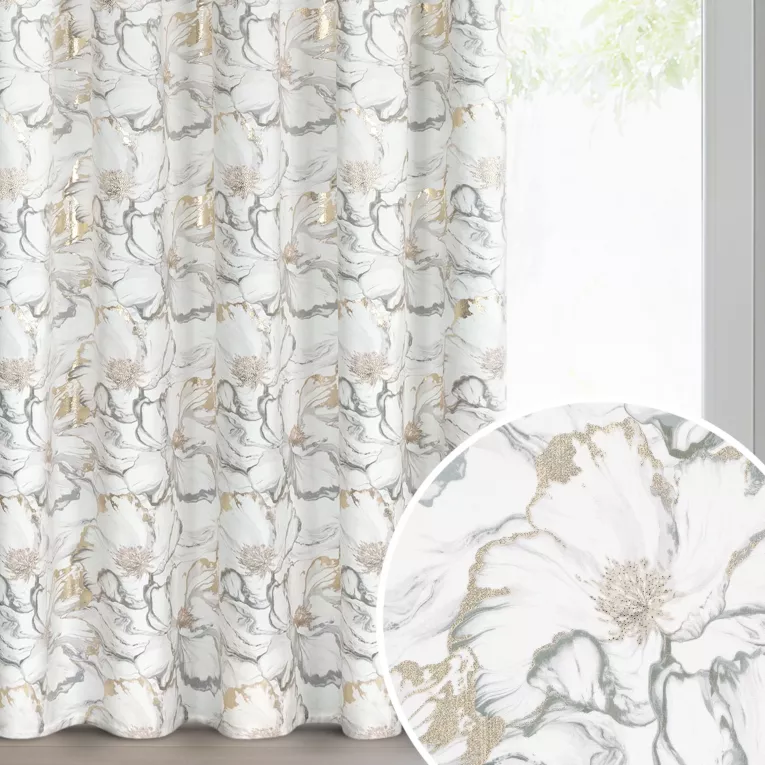Zasłona biało, szara z welwetu zdobiona nadrukiem kwiatów i szampańskich akcentów 140x270 cm taśma - LISA