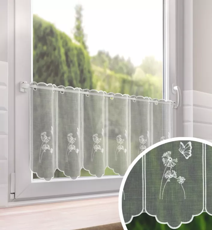 Tkanina firanowa zazdrostka z etaminy zdobiona haftem dmuchawca