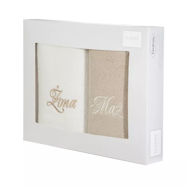 Zestaw upominkowy 2 szt ręczników  z haftem ŻONA i MĄŻ w kartonowym opakowaniu na prezent