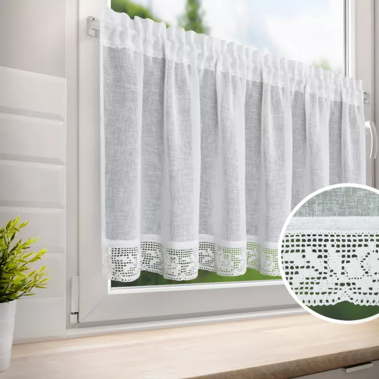 Zazdrostka biała z etaminy zdobiona koronką 150x60 cm LARI