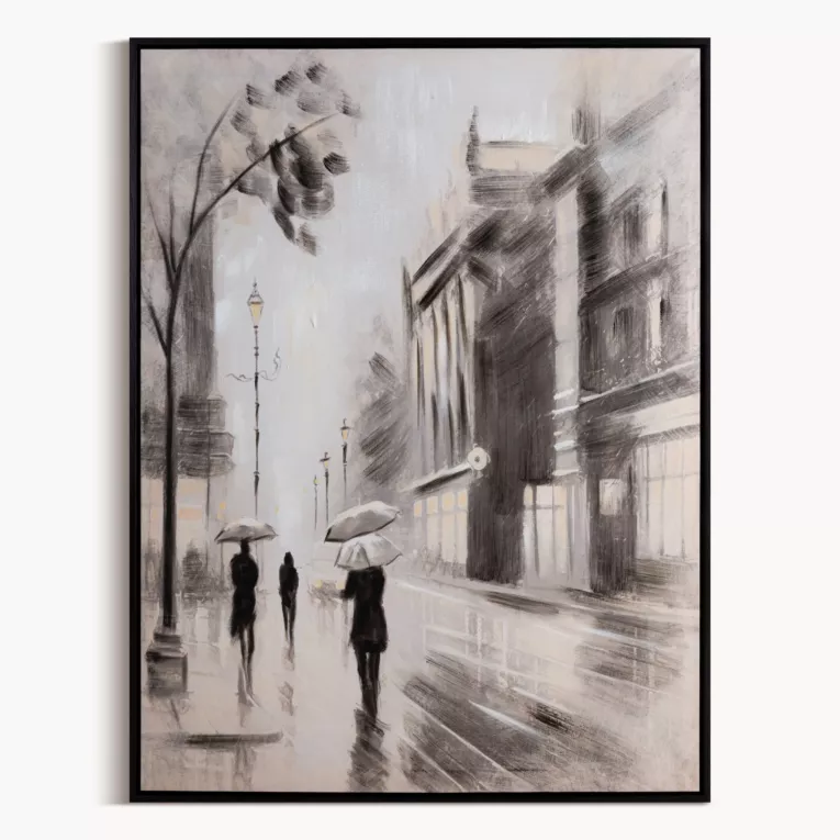 Obraz ręcznie malowany na płótnie pejzaż miasta, oprawiony w ramę