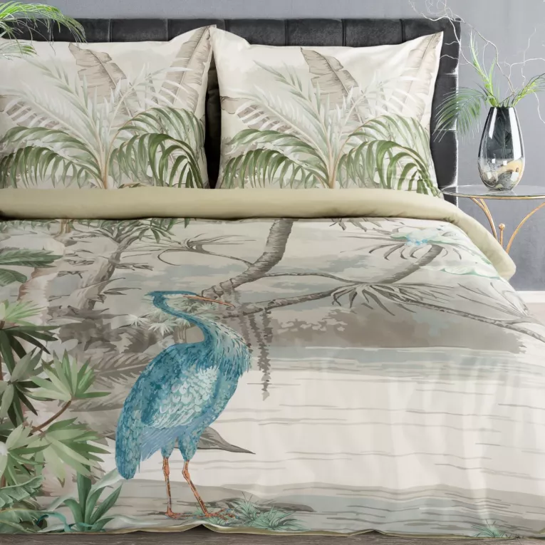 Pościel 160x200 cm bawełniana z makosatyny kolor beżowy, oliwkowy z botanicznym wzorem Reina Line