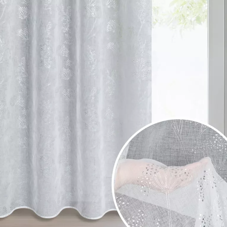 Dekoracja okienna biało, srebrzysta z etaminy zdobiona błyszczącym nadrukiem roślinnym 140x250 cm przelotka - JUNI