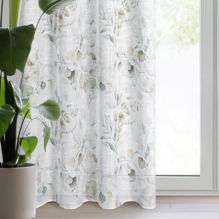 Zasłona biało, zielona z subtelnym nadrukiem z matowej tkaniny 140x250 cm przelotka - SENA