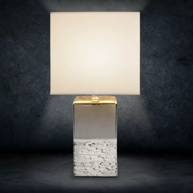 Lampka stołowa BRENDA na dwukolorowej ceramicznej podstawie z abażurem z matowej tkaniny