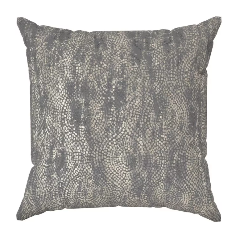 Poszewka szyta grafitowo złocista z grubej, welwetowej tkaniny z geometrycznym wzorem, zdobiona delikatnie połyskującym nadrukiem