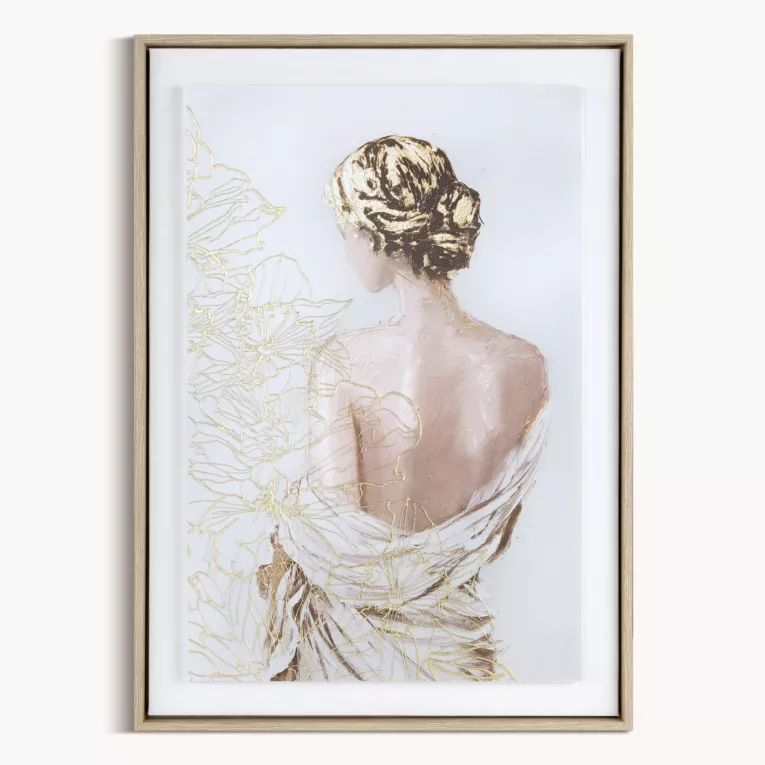 Obraz kremowo, złoty dekorayjny z artystycznym motywem postaci oprawiony w ramę 50x70 cm