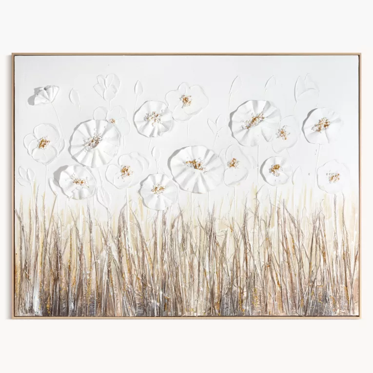 Obraz w trójwymiarowe kwiaty kremowo, złoty ręcznie malowany na płótnie oprawiony w ramę 92x122 cm