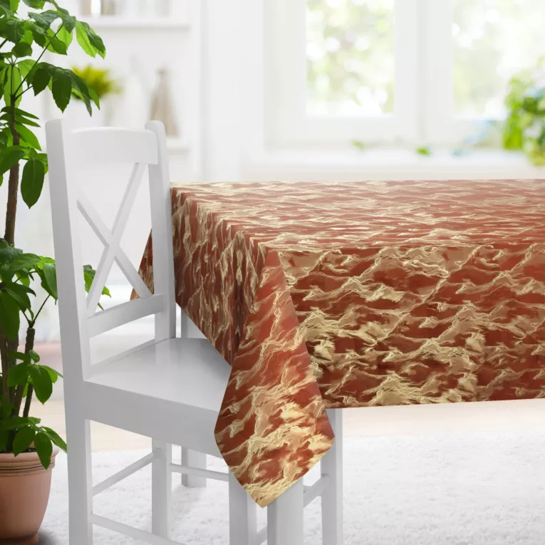 Obrus szyty rudo złocisty z tkaniny welwetowej ze złotym marmurkowym nadrukiem