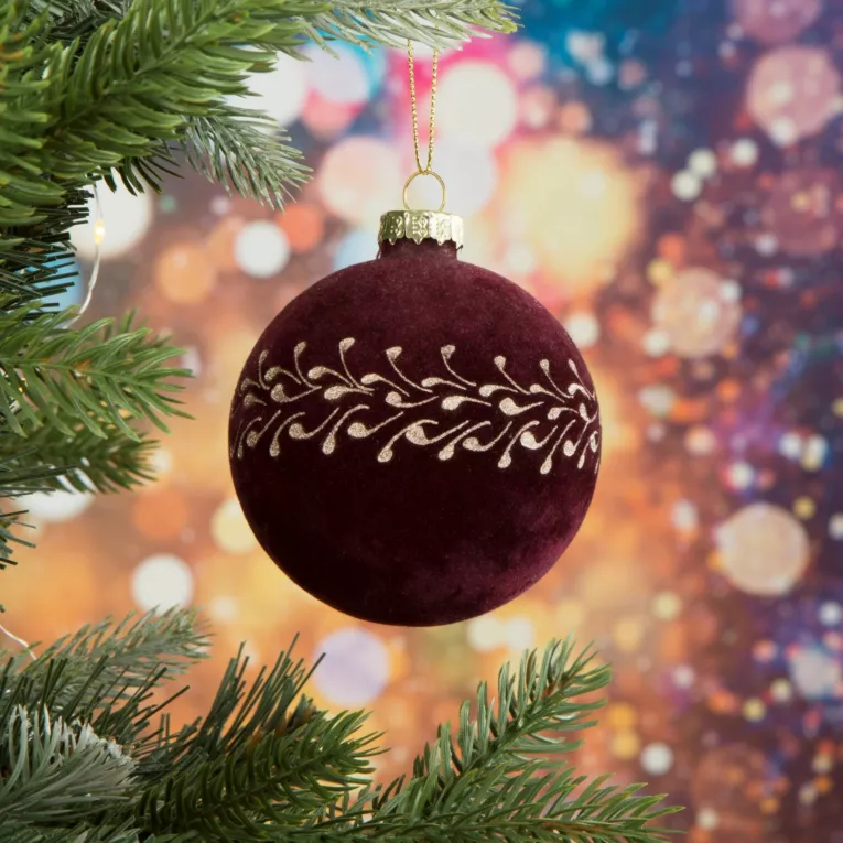 Bombka szklana welwetowa zdobiona złotym wzorem