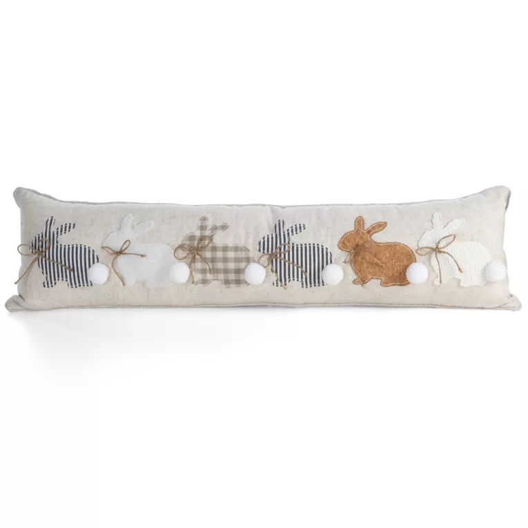 Wielkanocna poduszka z wypełnieniem 20x90 cm z dodatkiem lnu beżowo, biała zdobiona aplikacją zajączków WIOSNA 153