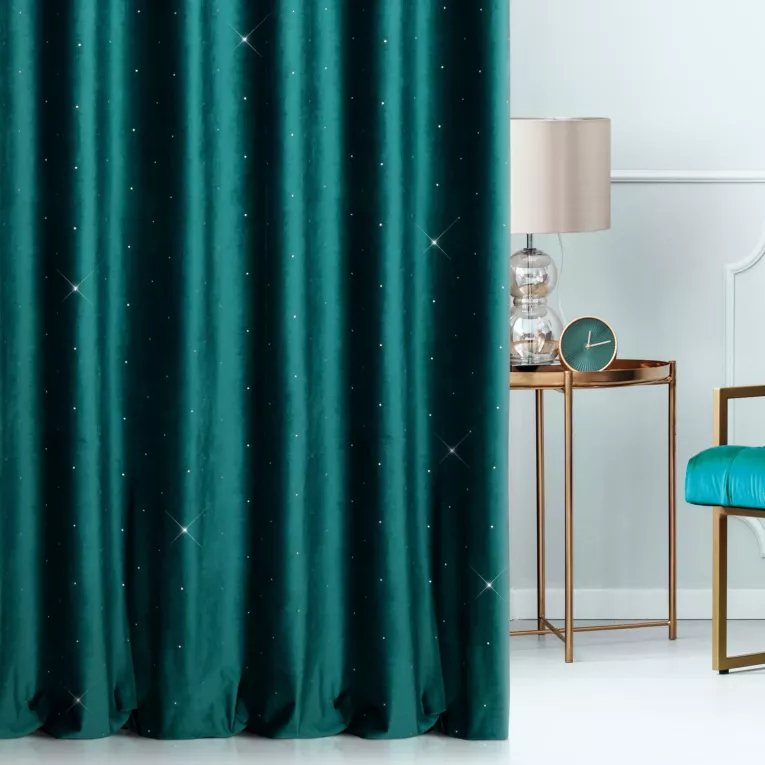 Zasłona szyta na taśmie 5 cm turkusowa z miękkiej, welwetowej tkaniny z błyszczącą cyrkonią Italissima Eva Minge