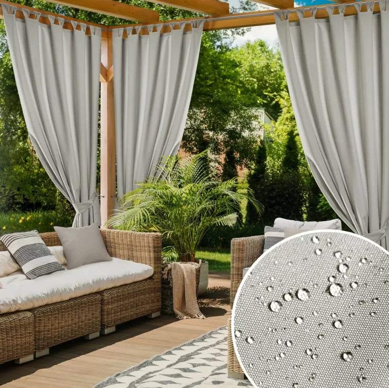 Zasłona beżowa z wodoodpornej tkaniny idealna do ogrodu i na taras 155x220 cm szelki/rzep GARDENIA