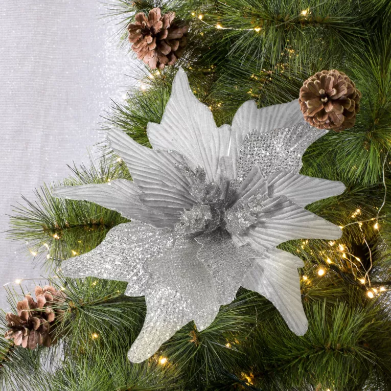 Świąteczny kwiat dekoracyjny z płatkami z wytłaczanego welwetu i brokatu