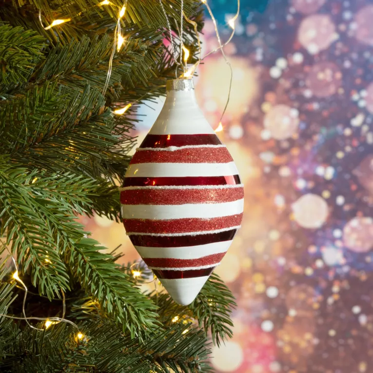 Sopel - szklana zawieszka choinkowa z motywem czerwono-białych pasków
